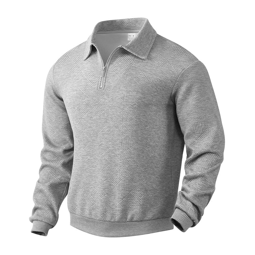 Men's Jacquard Turn-Down Collar Half Zipper Solid Color Long Sleeve Sweatshirt