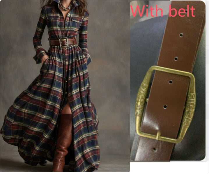 Oversized Plaid Print Long Sleeve Pocketed Turn-Down Collar Button-Up Big Swing Maxi Dress to 4X Plus Size