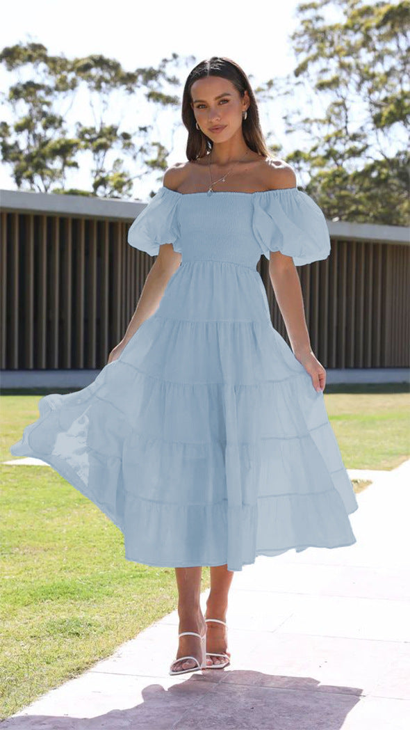 Flower Print Tiered Short Bubble Sleeve High Waist Off-the-Shoulder Bohemian Maxi Dress