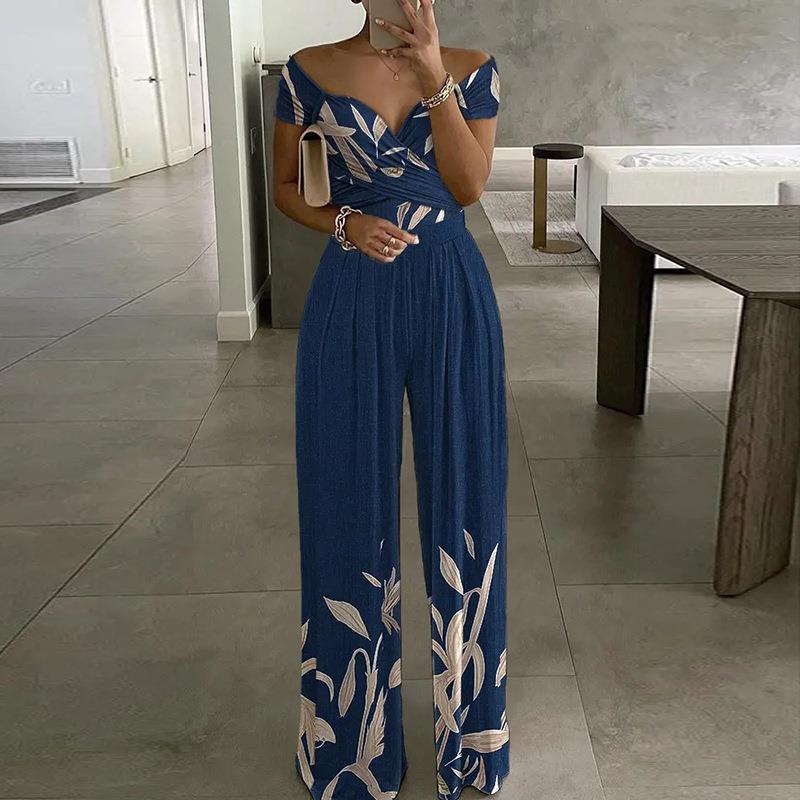 Striped/Floral Print Women's Off-the-Shoulder Temperament Casual High Waist Jumpsuit to 3X Plus Size