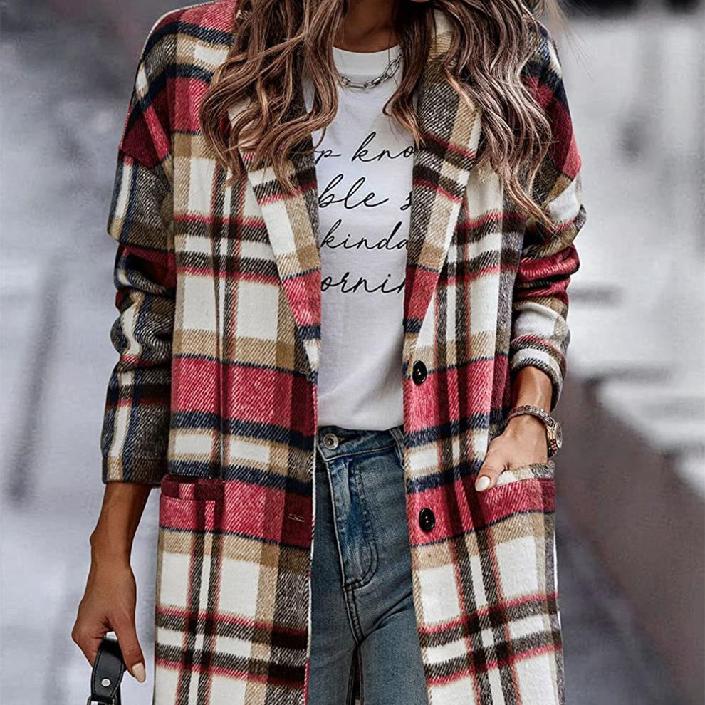 Plaid Print Oversized Women's Button-Up English Blazer Jacket