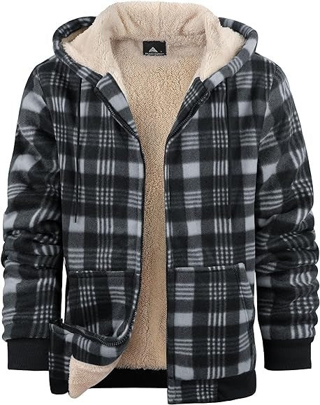 Men's Plaid Print Fleece Lined Hoodie Zipper Jacket