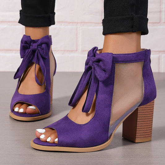 Bowknot Design Chunky Platform Heel Women's Hollow-Out Open Toe Ankle Strap Boots