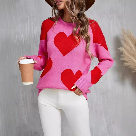 Colorblock Big Heart Print Long Sleeve Women's Pullover Sweater