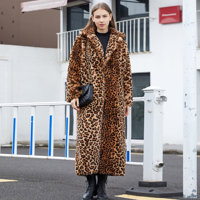 Faux Fur Leopard Print Turn-Down Collar  Women's Trenchcoat to 3X Plus Size