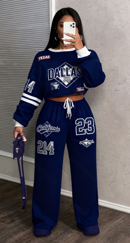 Streetwear Letter Print Women's Long Sleeve Cropped O-Neck Sweatshirt + Drawstring Pleated Sweatpants 2-Piece Set to 3X Plus Size