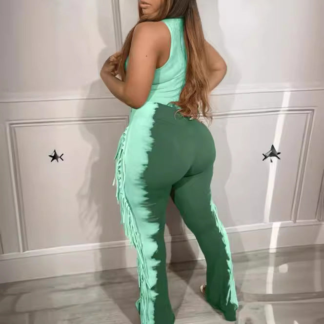 Side Tassel Fringe Design Sleeveless Women's V-Neck Skinny Jumpsuit