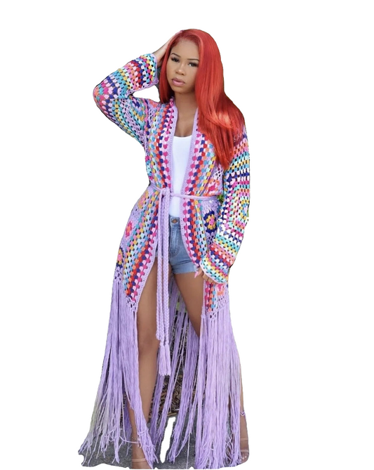Crochet Rainbow Tassel Fringe Geometric Design African Long Sleeve Maxi Kafka Cardigan Sweater Dress