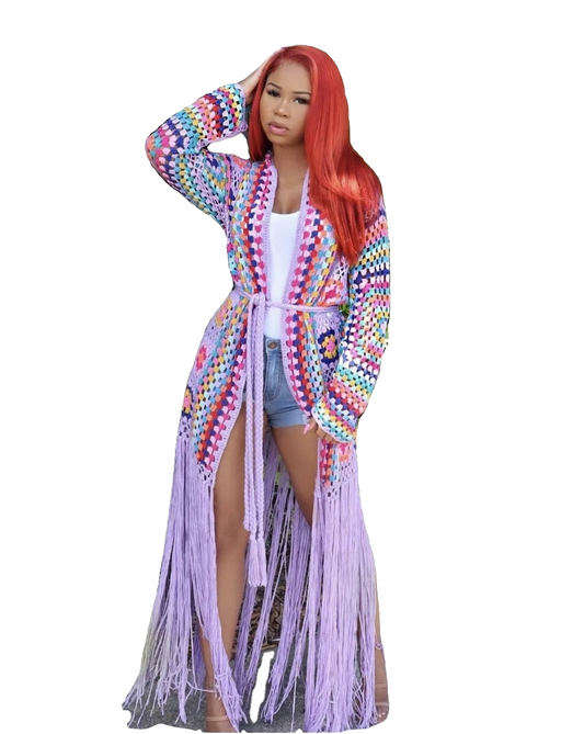 Crochet Rainbow Geometric Vintage African Knitted Long Sleeve Tassel Fringe Maxi Kafka Cardigan Sweater Dress