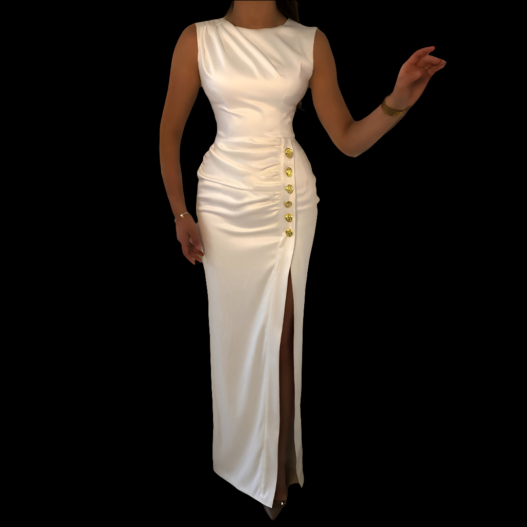 Satin Sleeveless Ruched White Solid Color Gold Button Design High Slit Halter Formal Maxi Dress