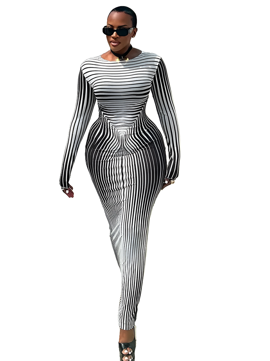 Black/White Striped 3D Printed Bodycon Maxi Dress