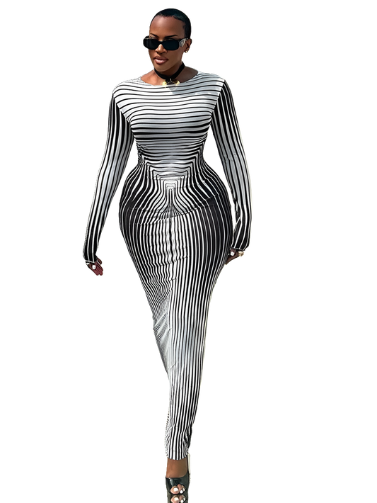 Black/White Striped 3D Printed Bodycon Maxi Dress