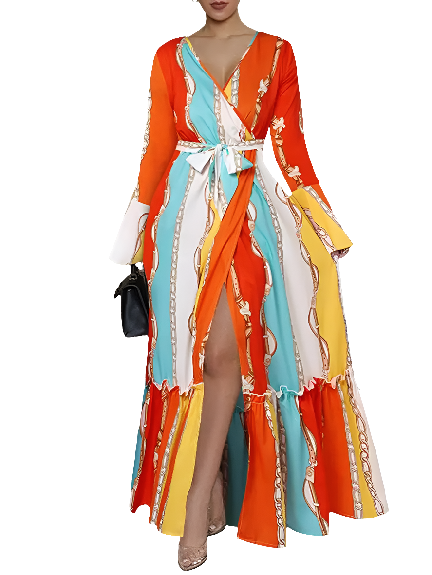 Bohemian Colorblock Striped Printed Long Sleeve Ruffled Belted High Slit Maxi Dress to 5X Plus Size