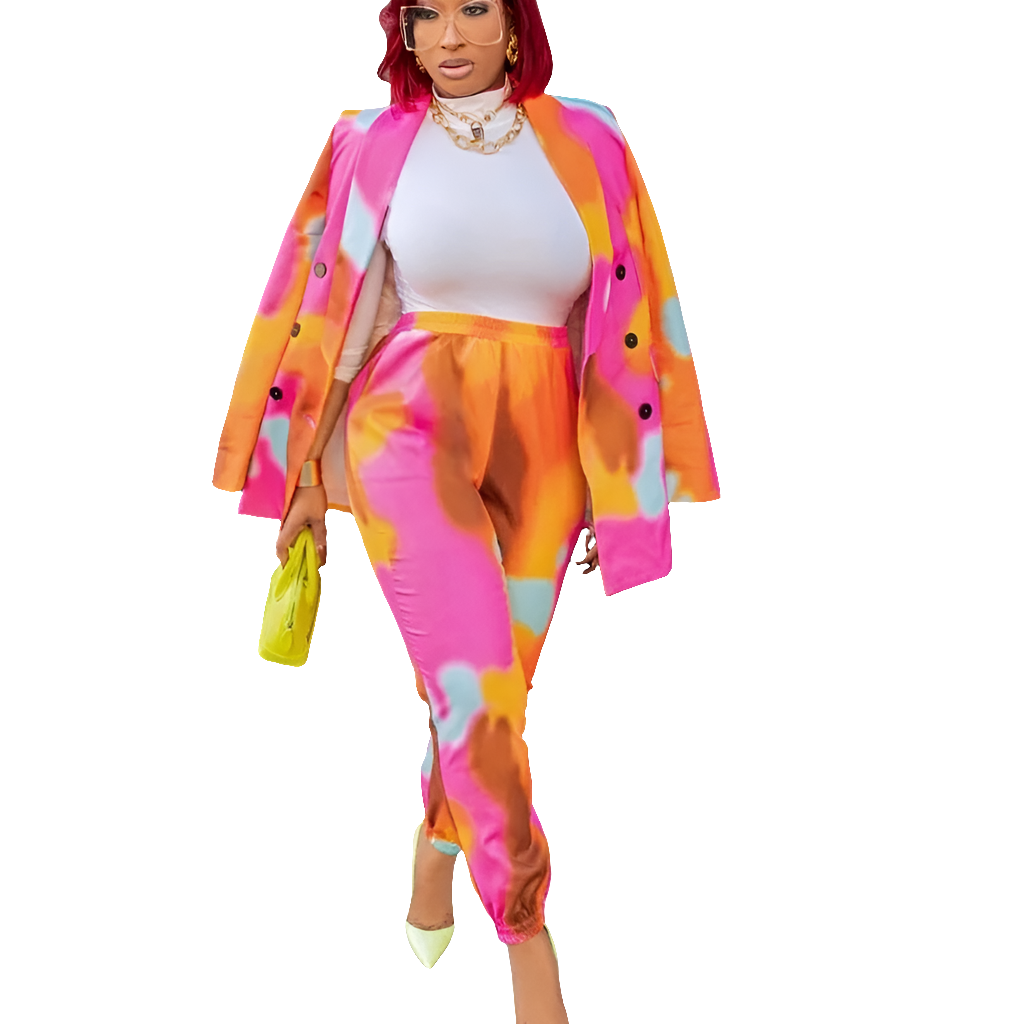 Tie-Dye Geometric Multi-Colored Ladies Neon Blazer + Pants Suit to 3X Plus Size