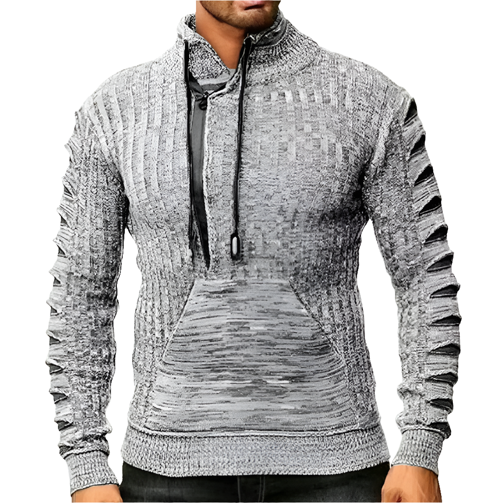 Men's Colorblock Wool Hip-Hop Patchwork Letter Print Drawstring High Neck Long Sleeve Knitted Pullover Pocketed Hoodie Sweater