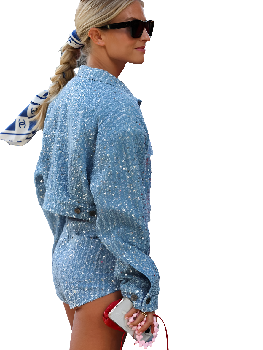 Assorted 2-Piece Sets: Sequined Rhinestone Pocket Design Women's Jeans Jacket/Sleeveless Tube Top & Mini Jean Shorts/Mini Skirt/Jeans 2-Piece Set