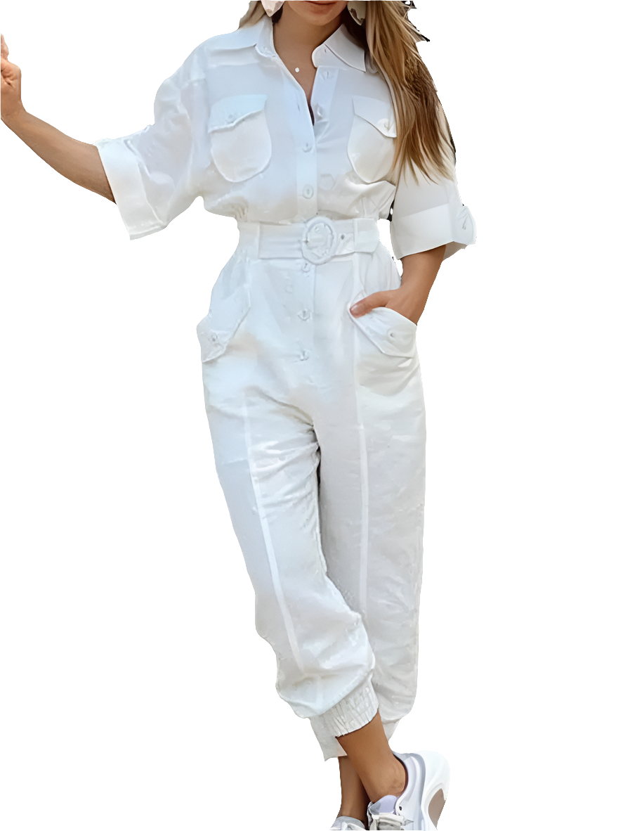 Oversized Solid Lapel Neck Multi-Pocket Cargo Women's Jumpsuit to 5X Plus Size