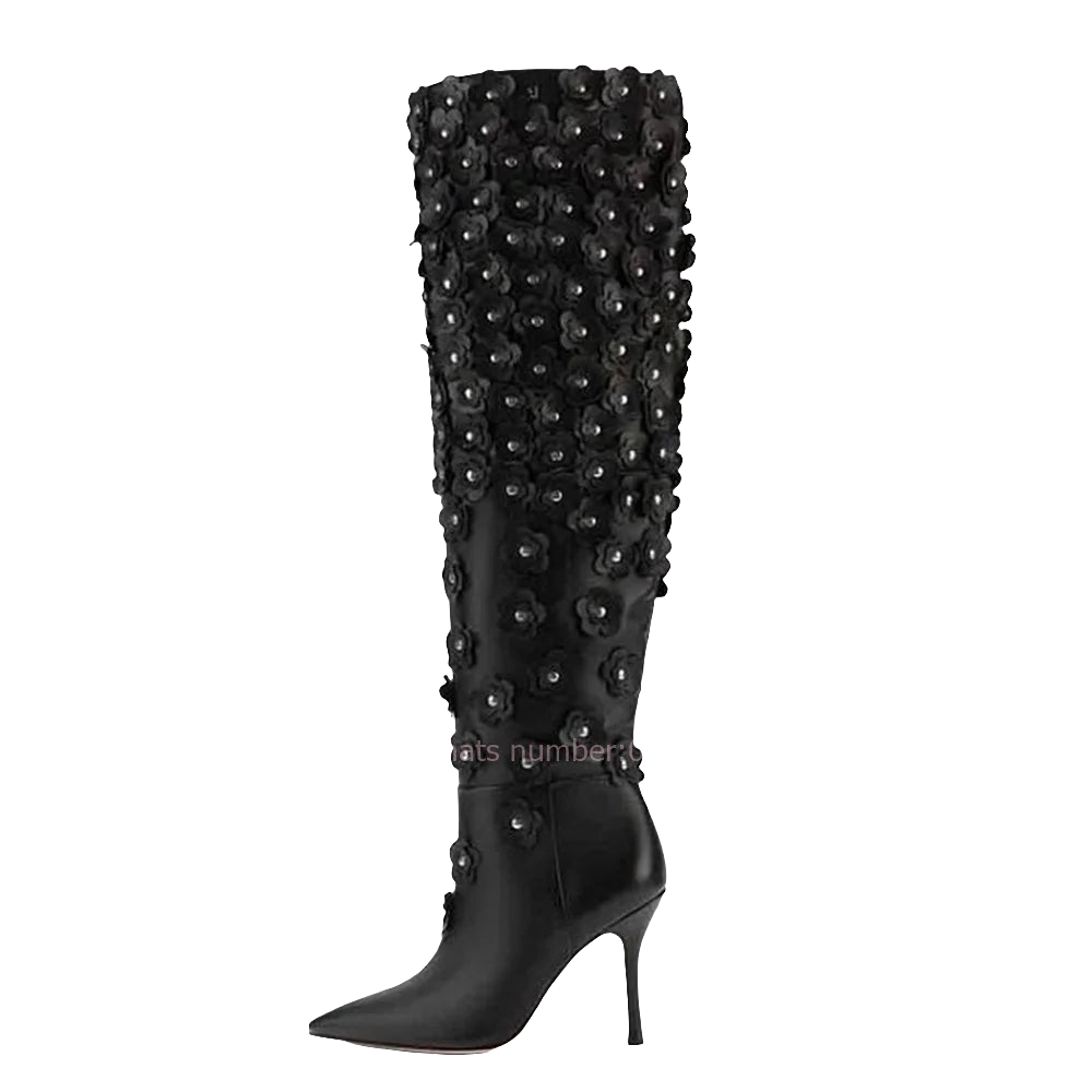 Black Leather Rhinestone Floral Embellished Pointed Toe Knee-High Stiletto Heel Slip-On Women's Boots