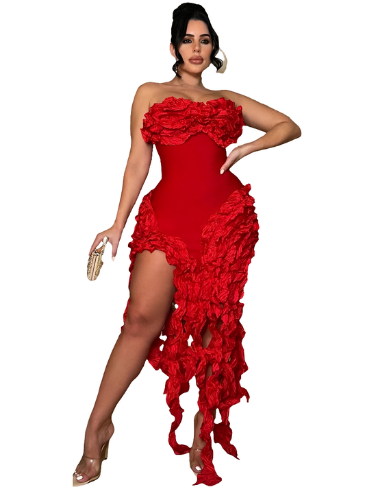 Irregular Sleeveless Floral Tassel Ruched Strapless Skinny Formal Party Dress