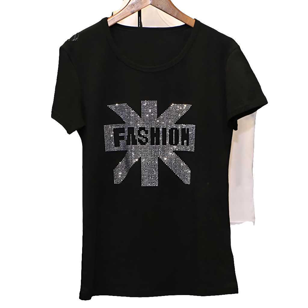 Metallic Glitter Rhinestone Printed Black O-Neck Short Sleeve Women's T-Shirt