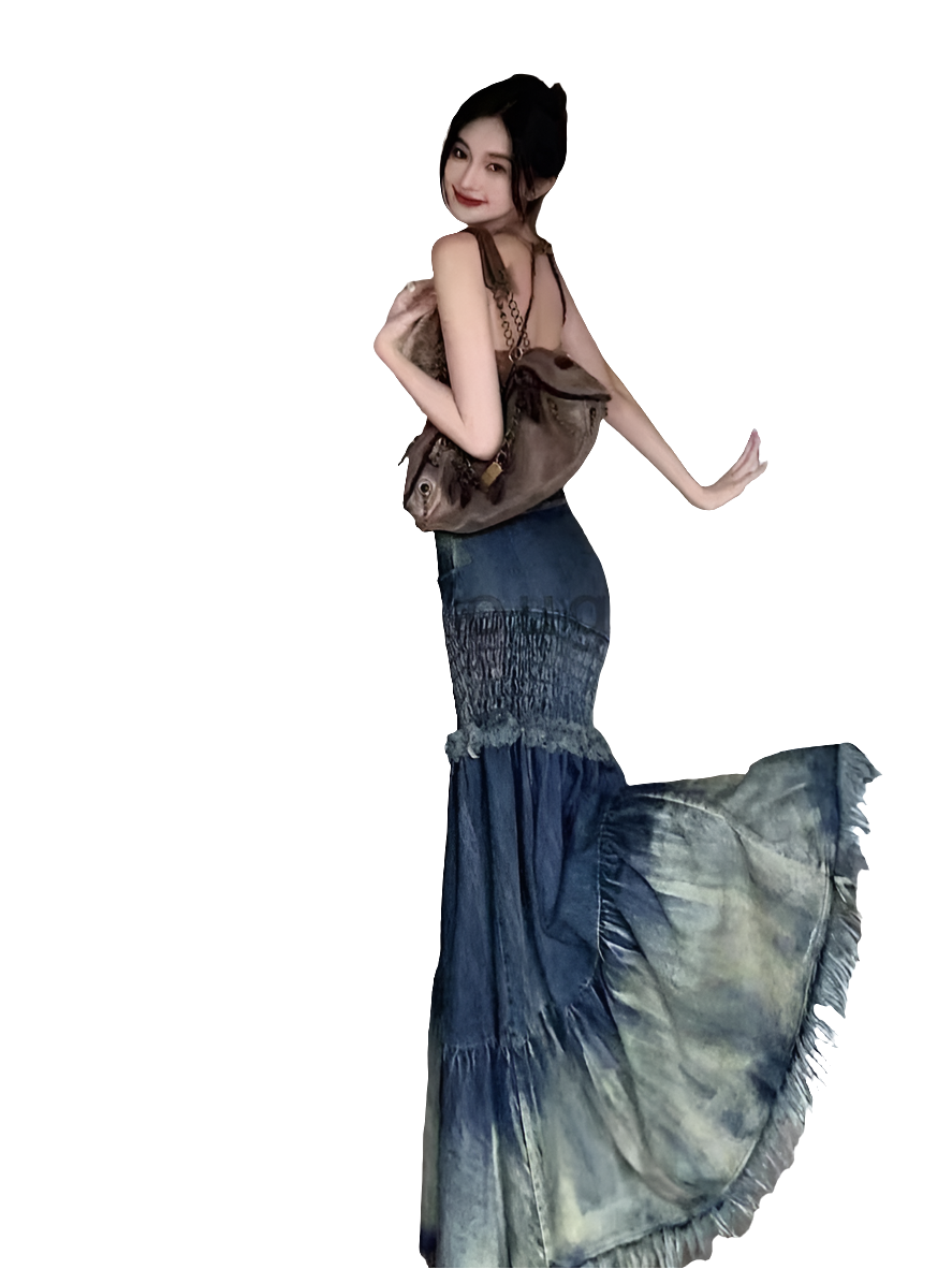 Denim Washed Colorblock Vintage Tassel Fringe Hem Oversized Tiered Ruffled Patchwork Maxi Mermaid Jean Skirt