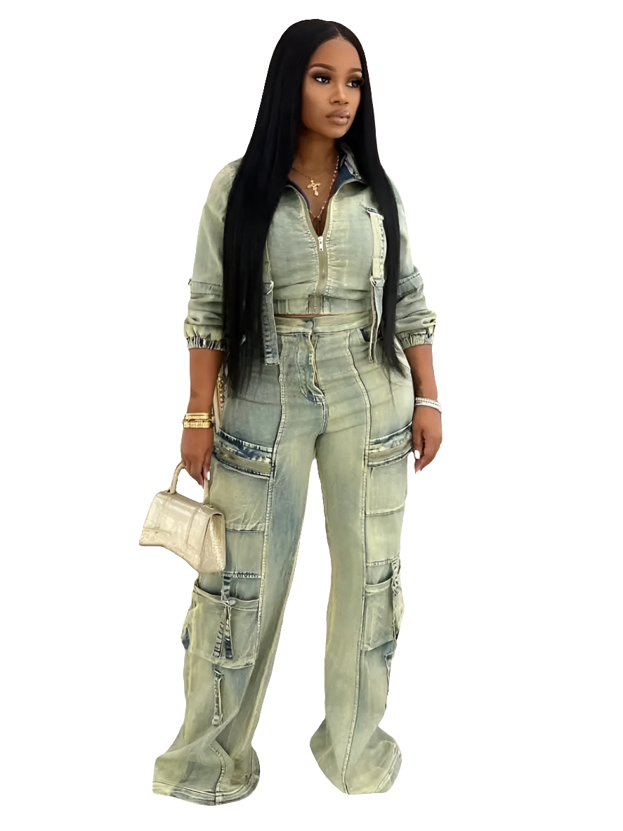 Stretch Faded Denim Women's Long Sleeve Zipper Jean Jacket + Cargo Multi-Pocket Straight Denim Jeans 2-Piece Set