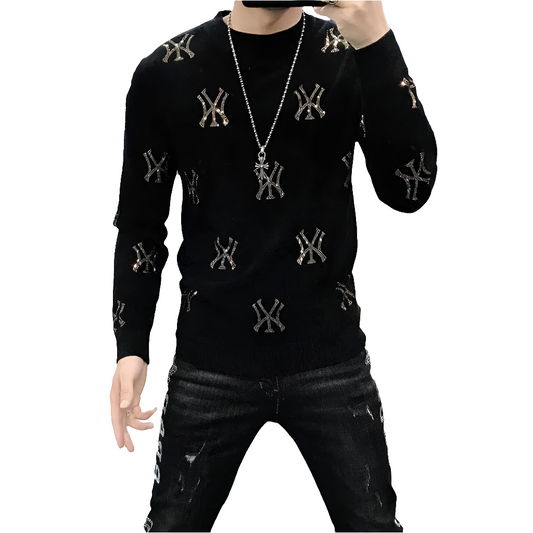 Men's Hip-Hop NY Symbol Hot Drill Rhinestone Design Long Sleeve O-Neck Pullover Knitted Wool Sweater