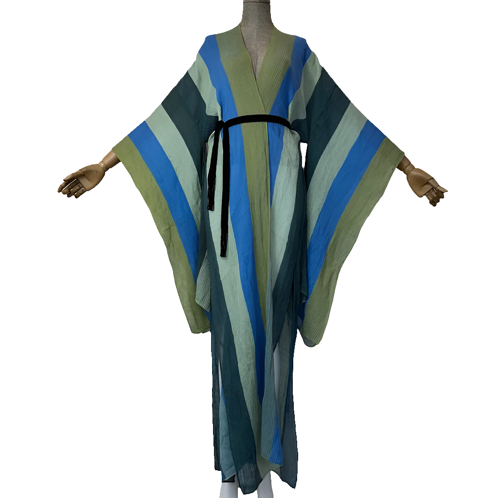 African Striped Pleated Printed Oversized Maxi Cardigan Kaftan Dress