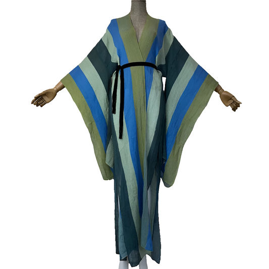 African Striped Pleated Printed Oversized Maxi Cardigan Kaftan Dress