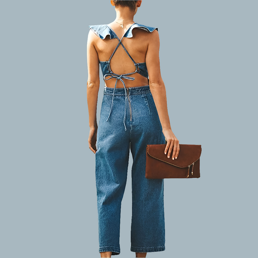 Sleeveless Blue Criss-Cross Back Strap Design Women's Ruffled Backless Denim Jean Jumpsuit