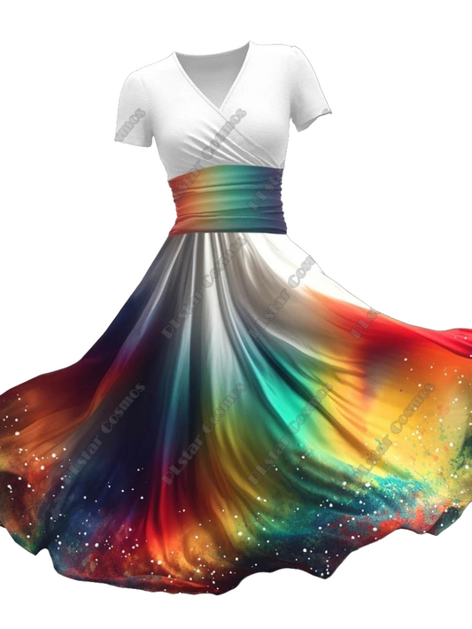 Rainbow Gradient Colorblock/Floral 3D Printed V-Neck Short Sleeve Flared Midi Dress