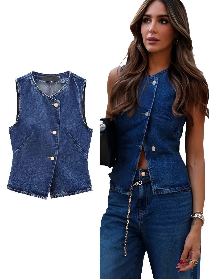 Blue Denim Cropped Sleeveless Streetwear Button-Up Women's Jean Vest