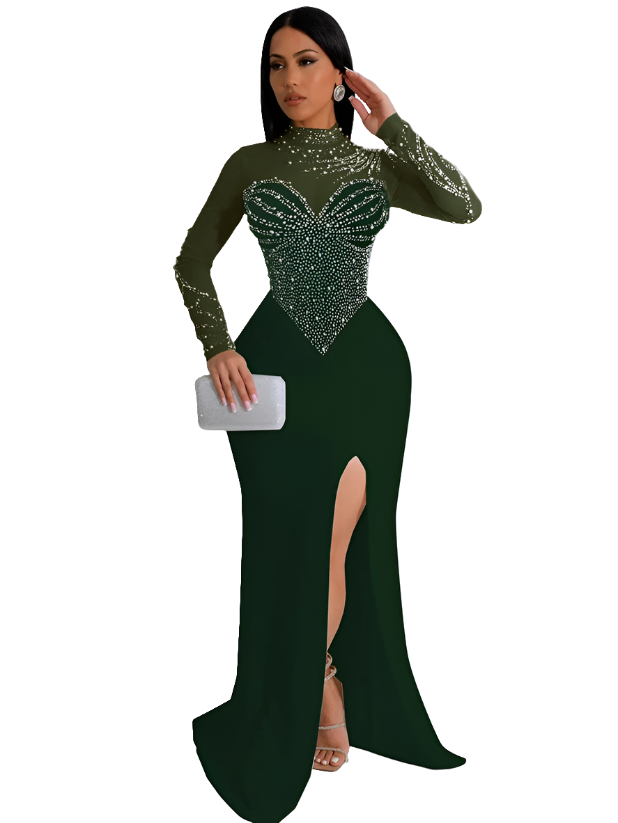 Mesh Sheer Transparent Patchwork Long Sleeve Diamond Rhinestone Mermaid Prom Formal Floor-Length Dress