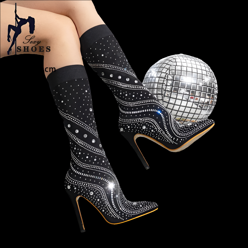 Pointed Toe Designer Rhinestone Embellished Ankle Stretch Fabric Sock Boots