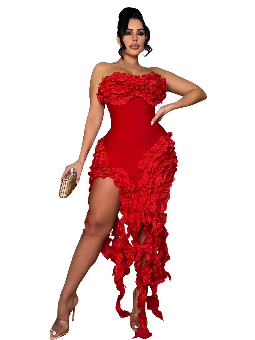 Irregular Sleeveless Floral Tassel Ruched Strapless Skinny Formal Party Dress