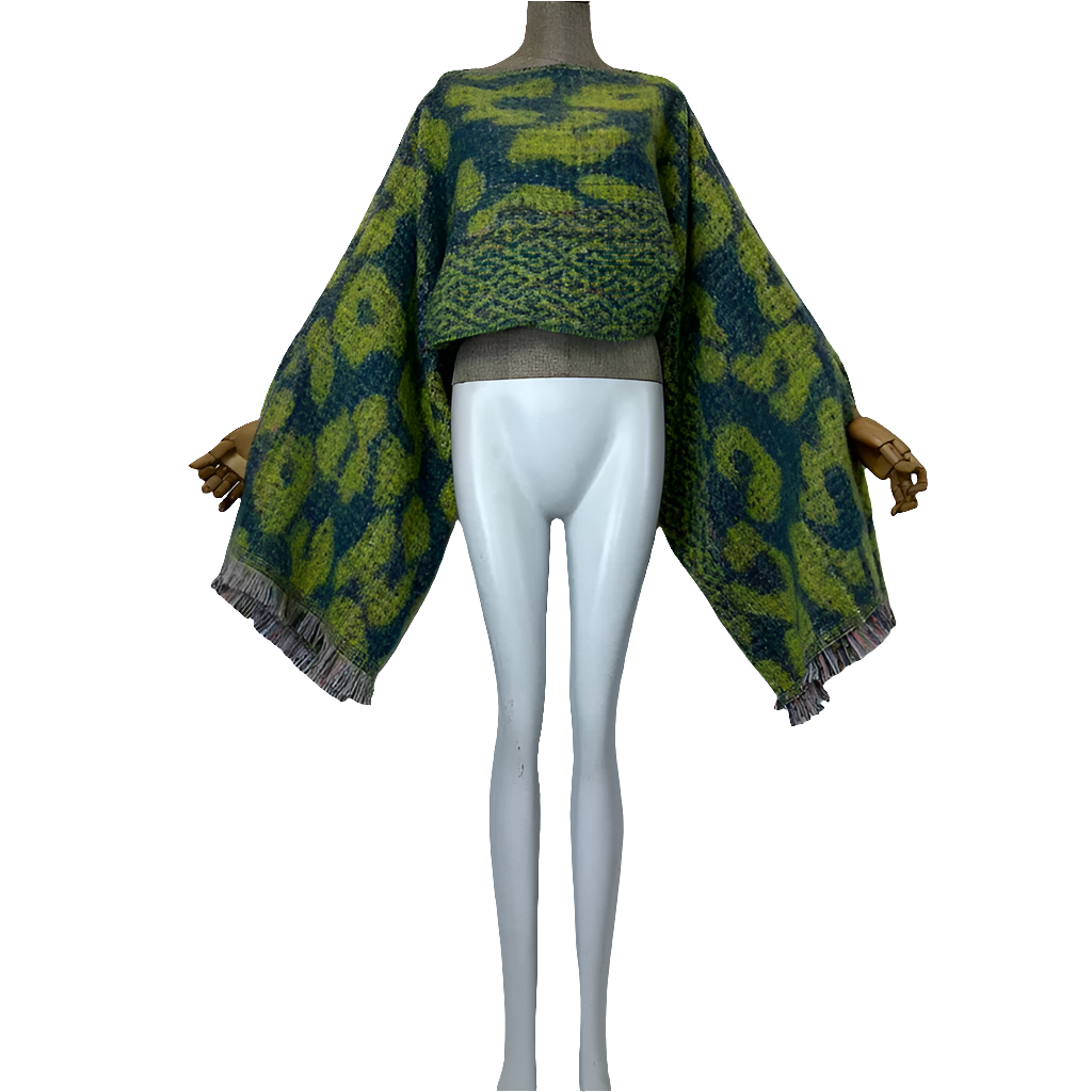 Knitted Green/Blue Leopard Long Sleeve Women's Maxi Cloak Poncho Sweater