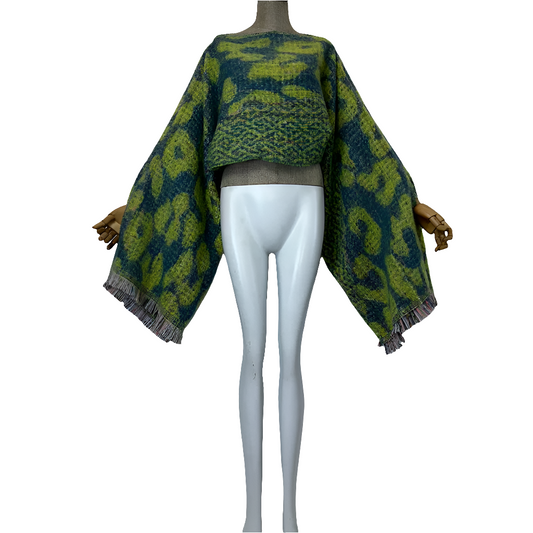 Knitted Green/Blue Leopard Long Sleeve Women's Maxi Cloak Poncho Sweater