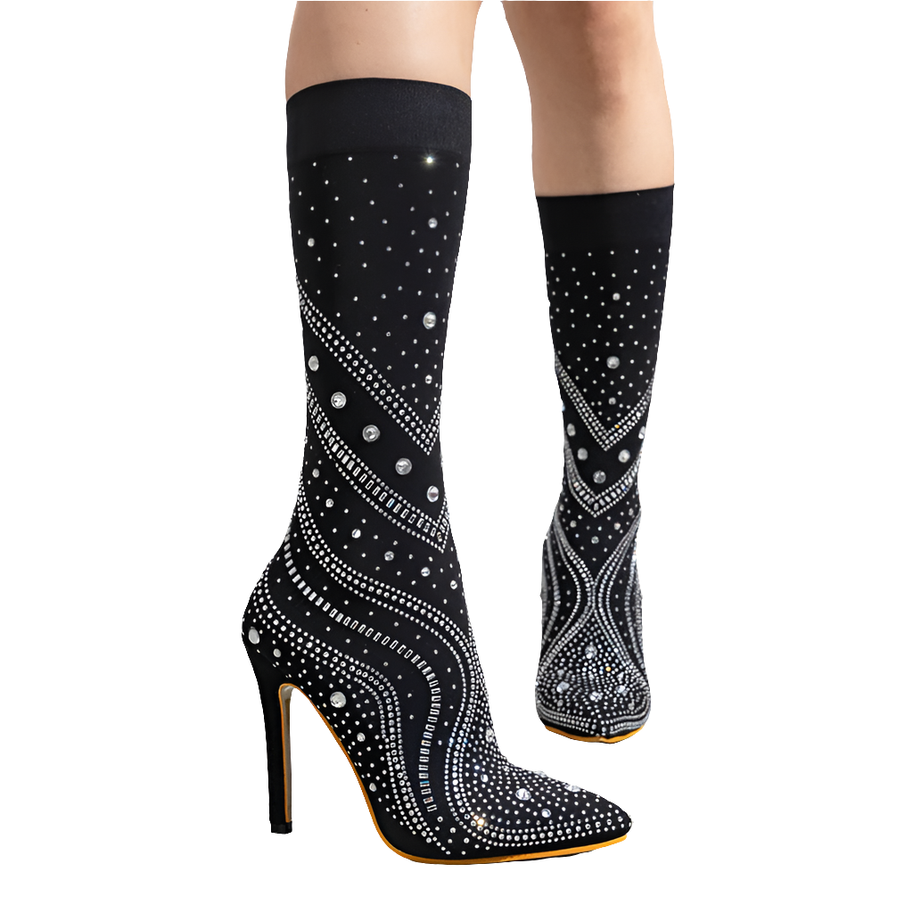 Pointed Toe Designer Rhinestone Embellished Ankle Stretch Fabric Sock Boots