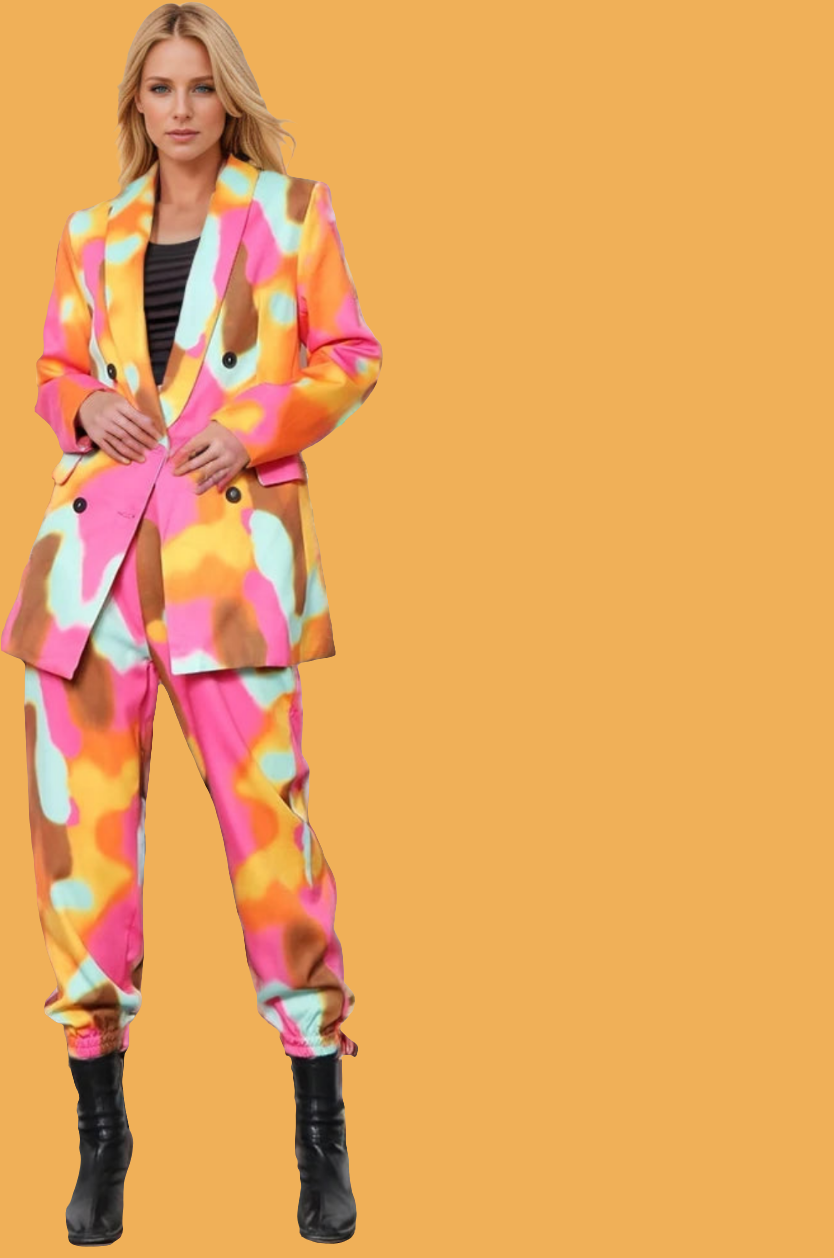 Tie-Dye Notched Collar Double Breasted Long Sleeve Blazer + Harem Pants Women's Suit