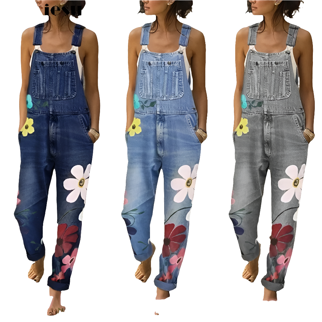 Denim Big Flower Print Sleeveless Overall Style Women's Jean Skinny Jumpsuit to 5X Plus