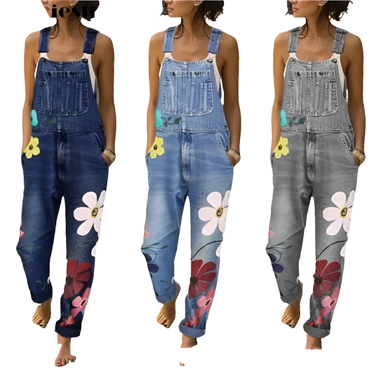 Denim Big Flower Print Sleeveless Overall Style Women's Jean Skinny Jumpsuit to 5X Plus