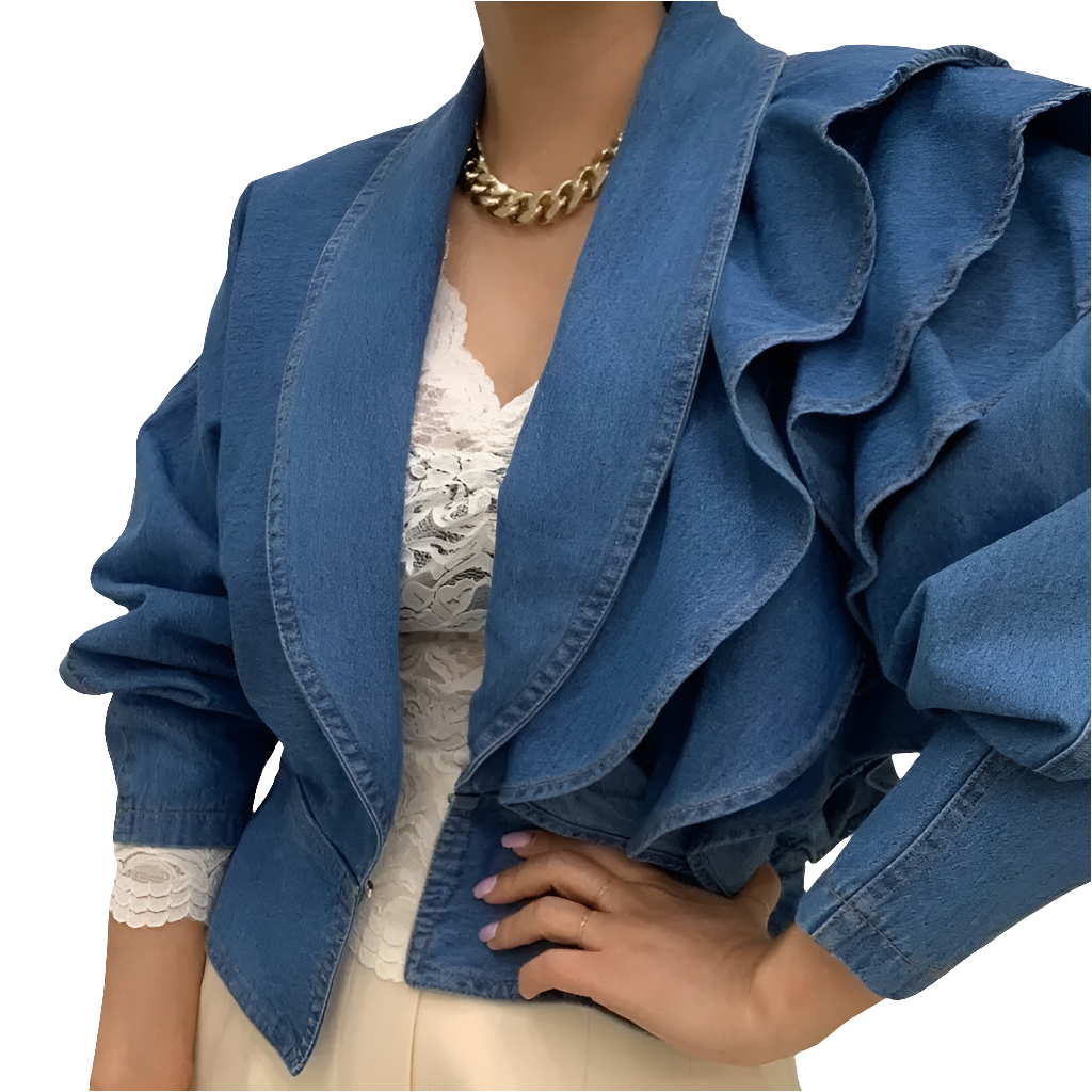 Denim Layered Ruffled Cropped Irregular Women's Turn-Down Collar Puff Sleeve Jean Blazer