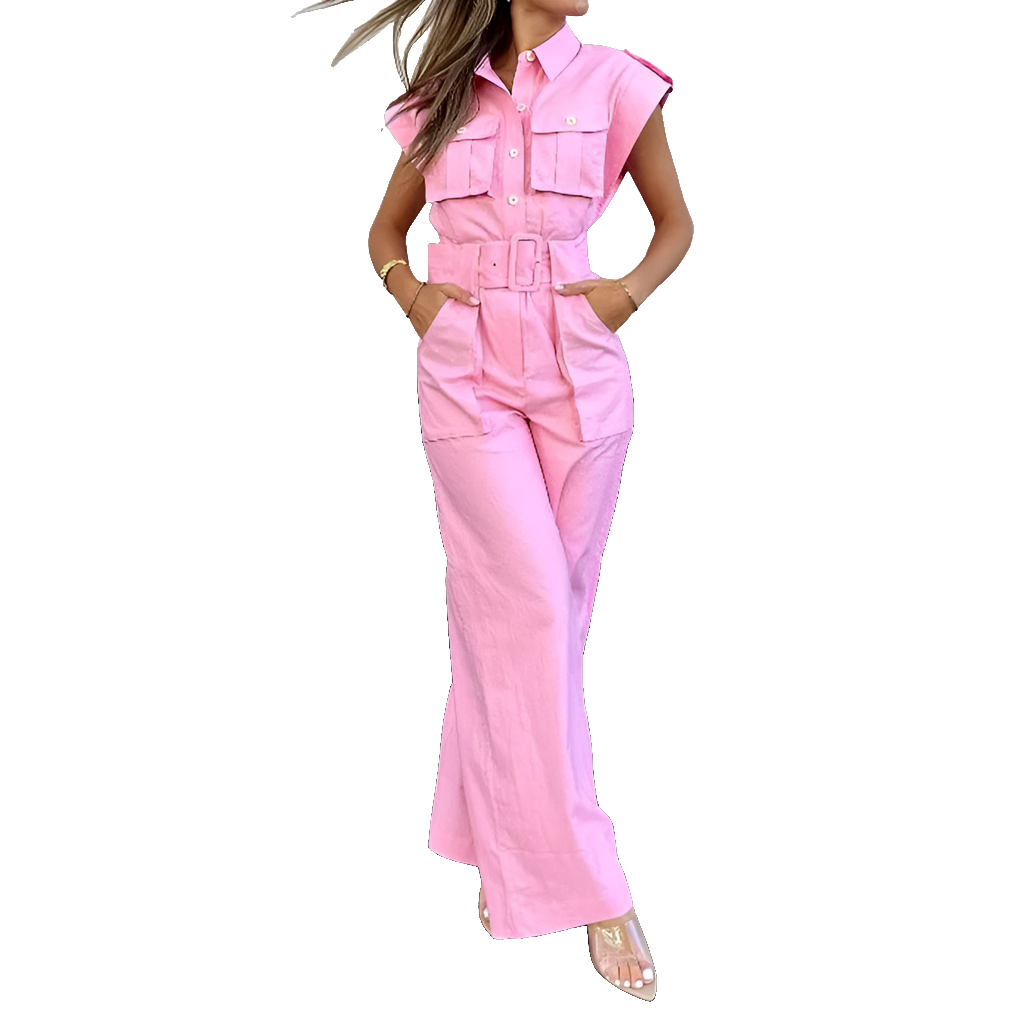 Pink Button Up Short Sleeve Nipped Waist Wide Leg Cargo Jumpsuit w/ Belt