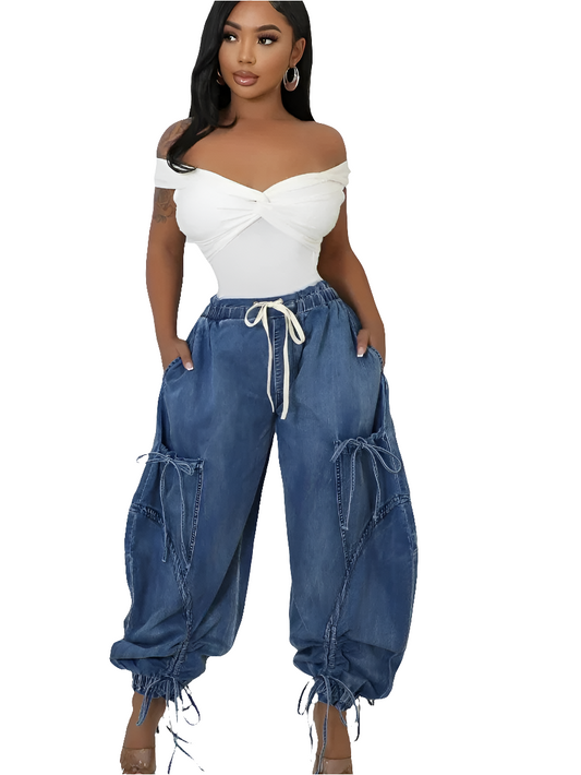 Denim Baggy Muti-Pocket Women's Streetwear Drawstring Waist Hip-Hop Harem Cargo Jeans