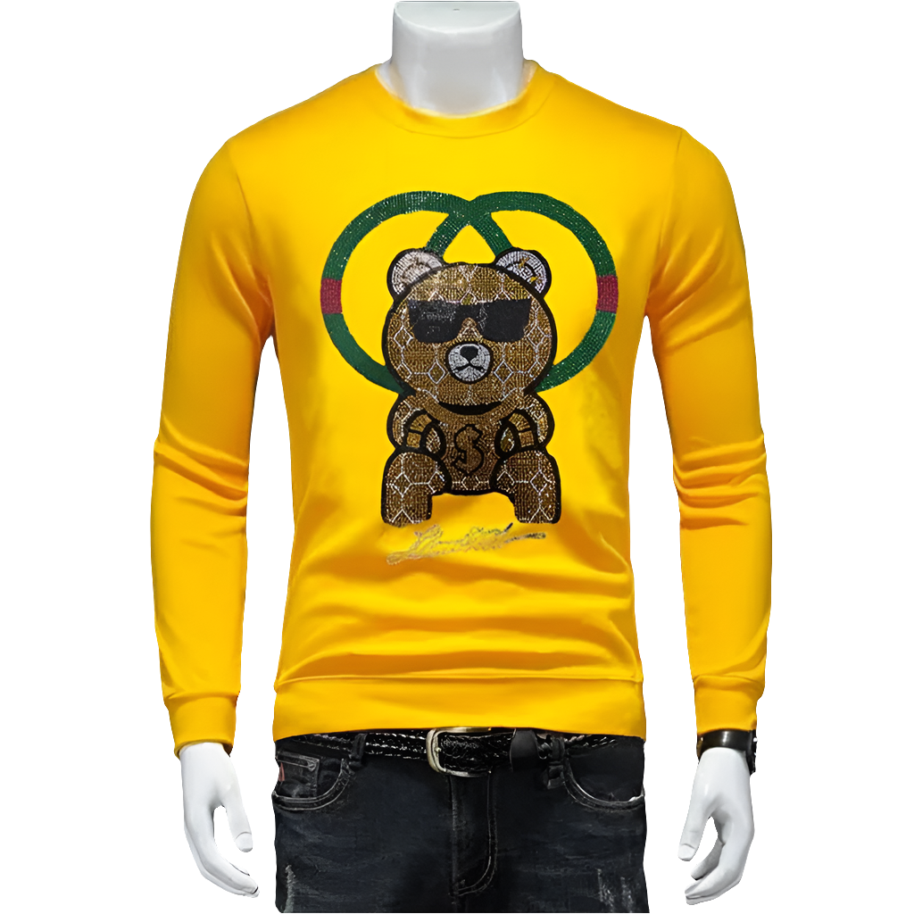 Men's Rhinestone Teddy Bear Ring Design Long Sleeve O-Neck Sweatshirt