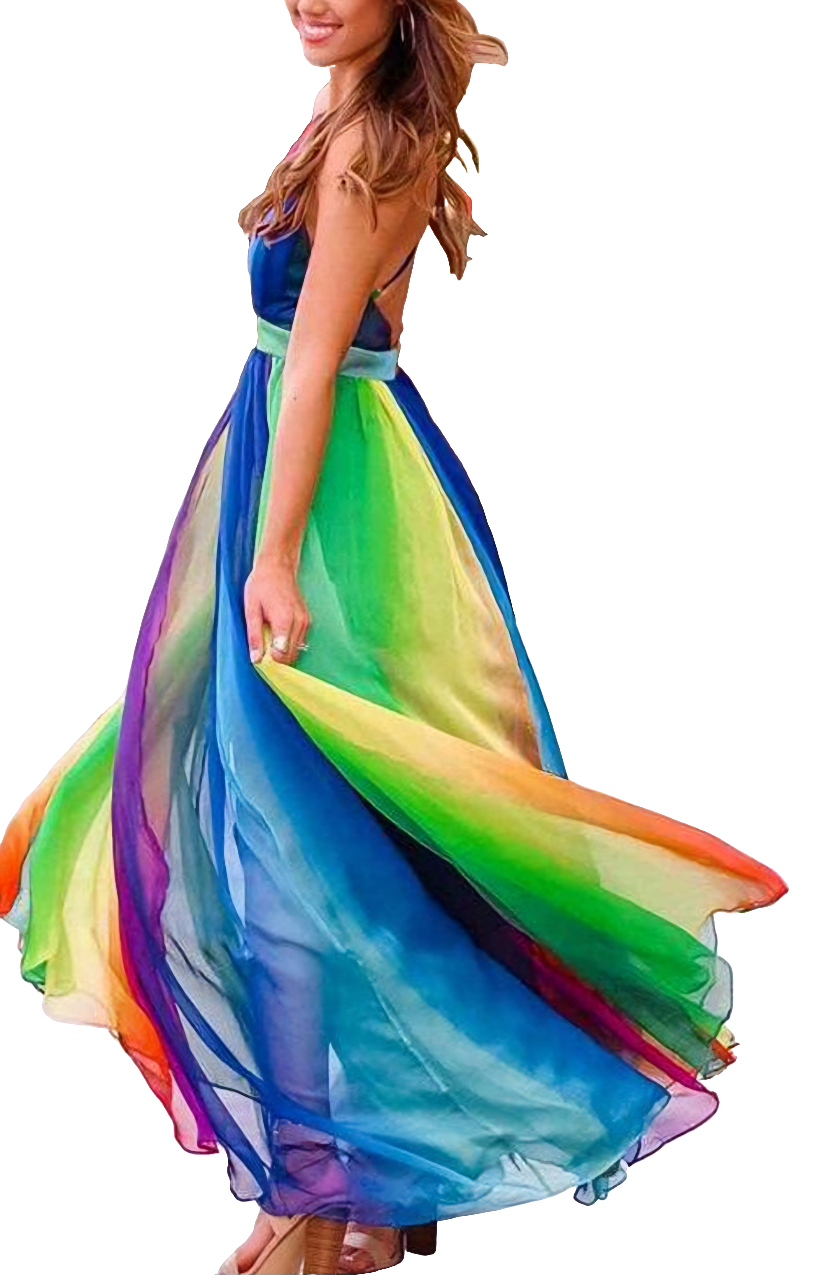 Chiffon Rainbow Colorblock Striped Mesh Spaghetti Strap V-Neck Maxi Dress