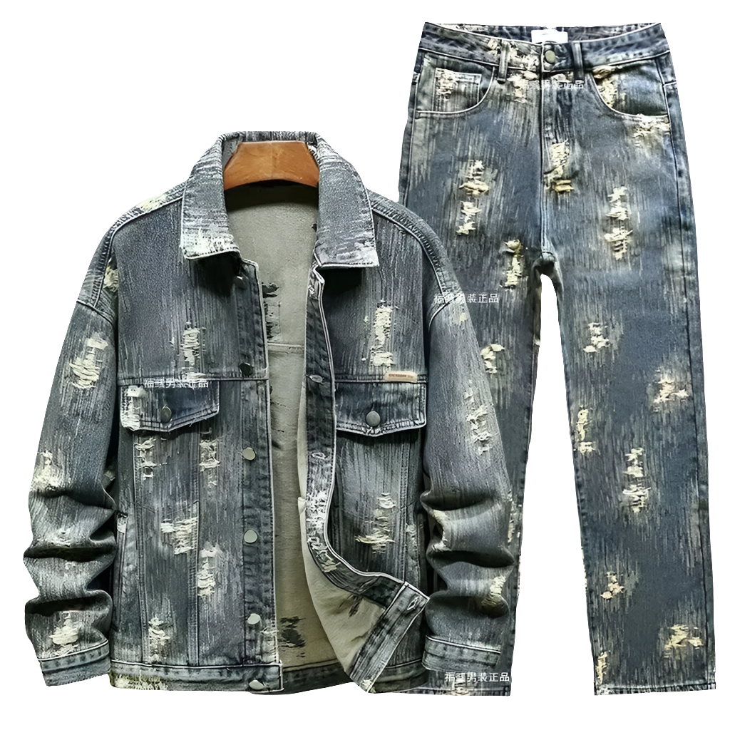Men's Denim Hole Ripped Pattern Cowboy Jean Jacket + Skinny Jeans 2-Piece Set