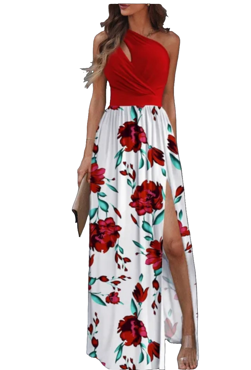 Solid/Floral/Rainbow Gradient Print Asymmetrical One Shoulder Bodycon High Slit Maxi Dress