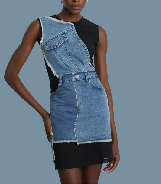 Sheer Transparent Irregular Colorblock Patchwork Denim Design Round Neck Sleeveless Spliced Cargo Pocketed Skinny Jean Dress
