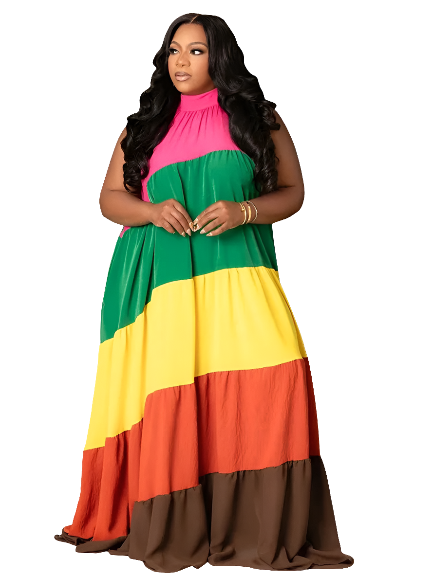 Ruffled Loose Oversized Colorblock Striped/Plaid/Flower Print Sleeveless O-Neck Bandage Maxi Dress to 5X Plus Size